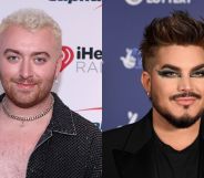 On the left, Sam Smith is wearing a black denim jacket over their bare skin, as well as a silver chain and blonde hair. On the right, Adam Lamber is wearing a black top and jacket and dark make-up.