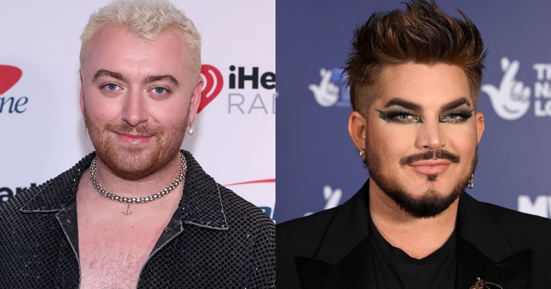 On the left, Sam Smith is wearing a black denim jacket over their bare skin, as well as a silver chain and blonde hair. On the right, Adam Lamber is wearing a black top and jacket and dark make-up.