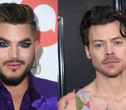 On the left, Adam Lamber in dark eye make-up and a purple jacket. On the left, Harry Styles in a glittery, multi-coloured jumpsuit.