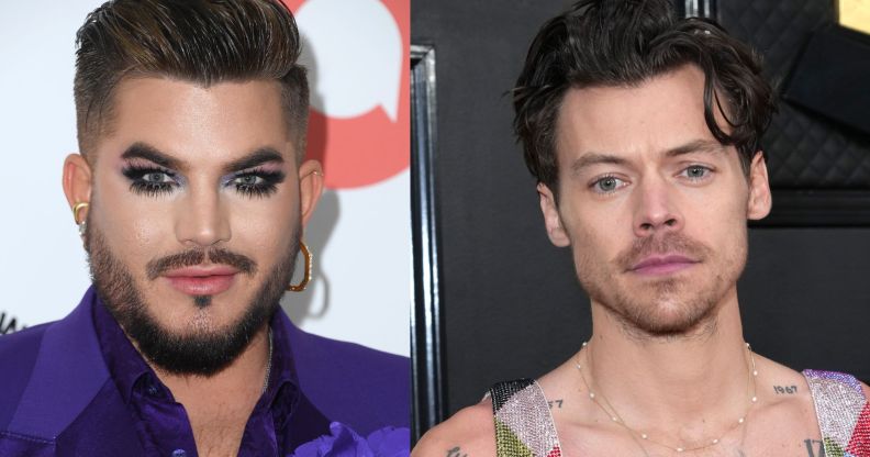On the left, Adam Lamber in dark eye make-up and a purple jacket. On the left, Harry Styles in a glittery, multi-coloured jumpsuit.
