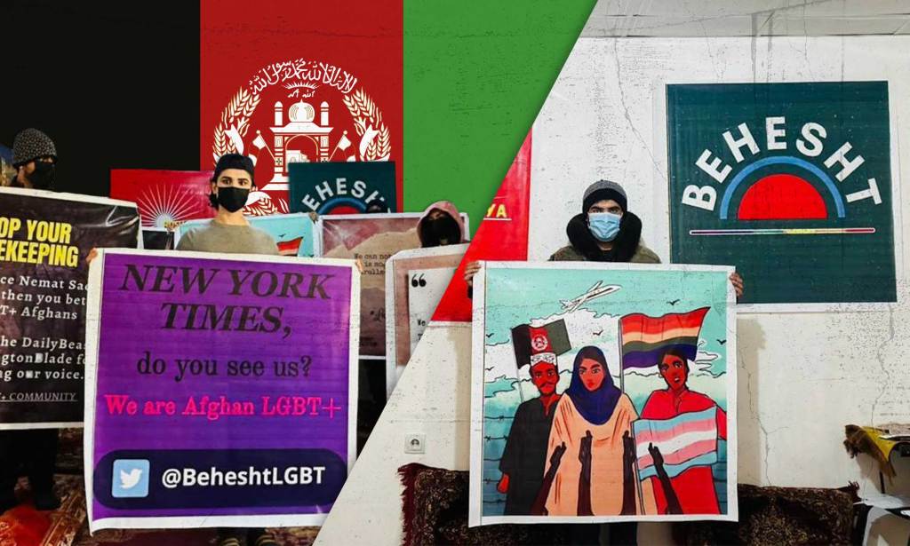 On the left, a person holds a poster that reads: "New York Times, do you see us? We are Afghan LGBT+. On the right, a person holds a poster that shows an animation of a group of three LGBTQ+ Afghans, with one holding a Pride flag.
