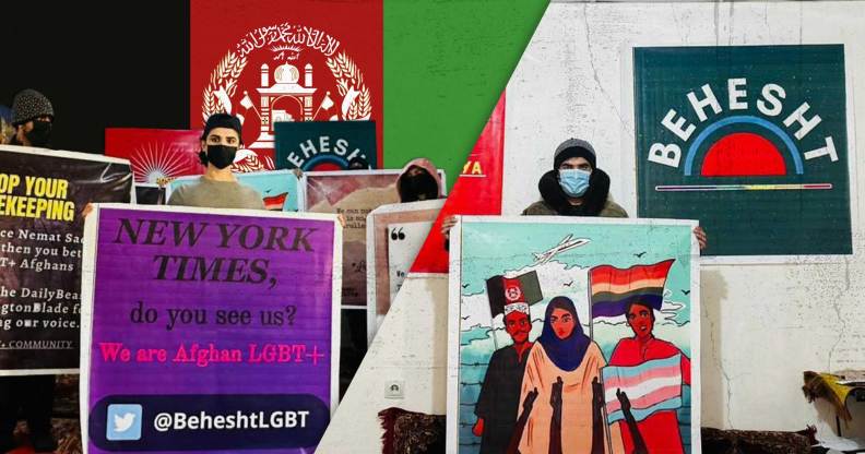 On the left, a person holds a poster that reads: "New York Times, do you see us? We are Afghan LGBT+. On the right, a person holds a poster that shows an animation of a group of three LGBTQ+ Afghans, with one holding a Pride flag.