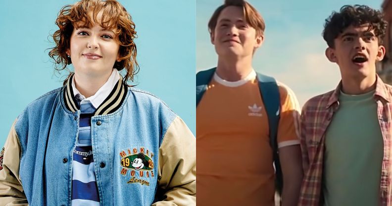 On the left, Alice Oseman stands in a blue and yellow jacket, smiling with her hands in her pockets. On the right, a still of Nick and Charlie by the seaside from the Netflix series Heartstopper.