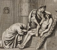 An engraving of Roman emperor Hadrian weeping over the body of Antinous