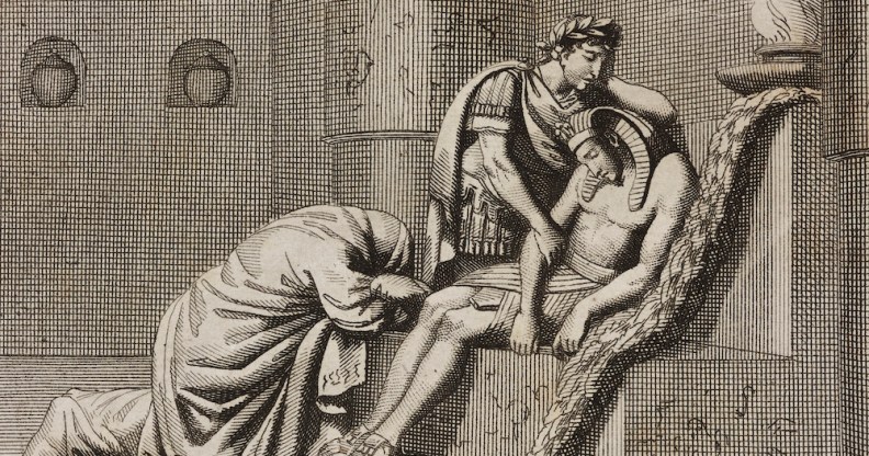 An engraving of Roman emperor Hadrian weeping over the body of Antinous