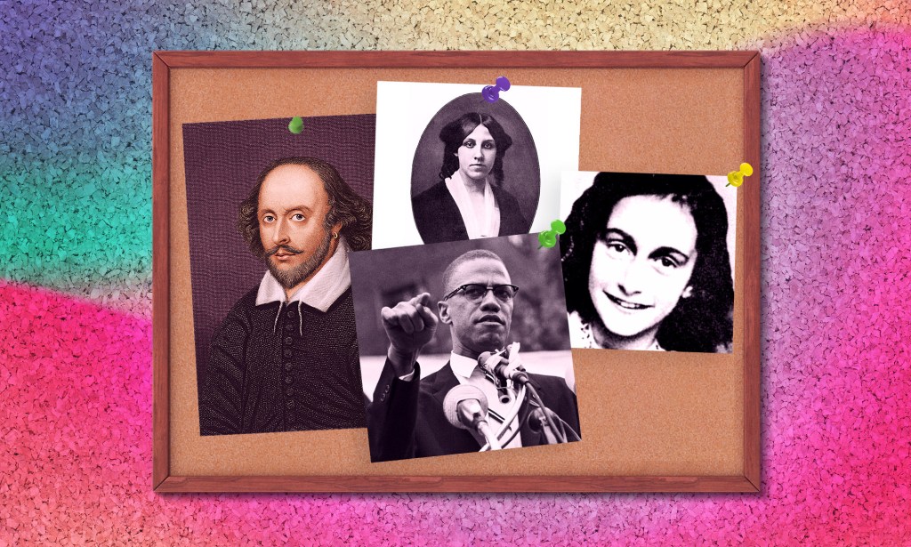 The image shows a notice board set against a colourful background. On the notice board are four images – the one on the left is of William Shakespeare, next is Louisa May Alcott, under that is Malcolm X and Anne Frank is on the right hand side.