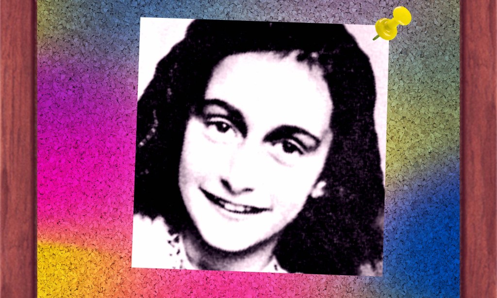 An image of Anne Frank set against a multicoloured background. In the top right hand corner is an edited pin showing the image is supposed to be on a notice board.