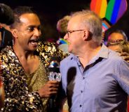 Anthony Albanese being interviewed at the Sydney Mardi Gras parade.