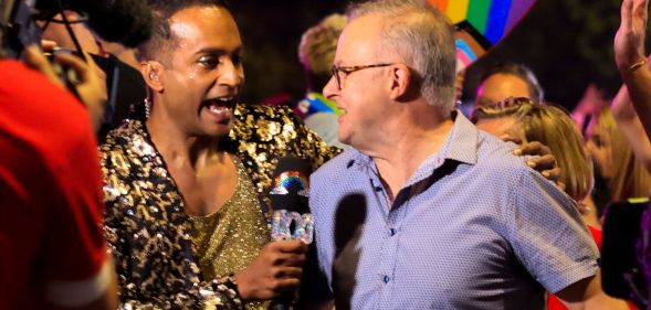Anthony Albanese being interviewed at the Sydney Mardi Gras parade.