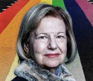 A graphic showing a cut-out image of Baroness Nicholson in front of a rainbow crossing