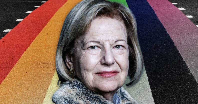 A graphic showing a cut-out image of Baroness Nicholson in front of a rainbow crossing