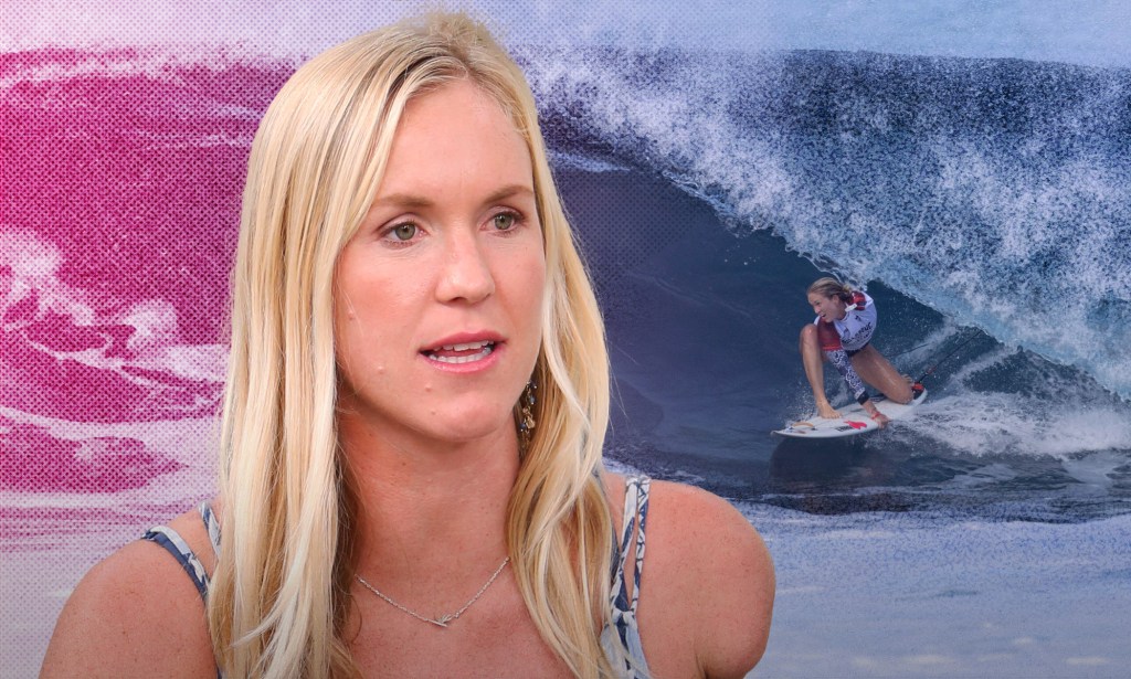 A graphic showing a cut-out image of pro surfer Bethany Hamilton set against another image of her surfing in the background with a pink tint showing across the left side of the picture