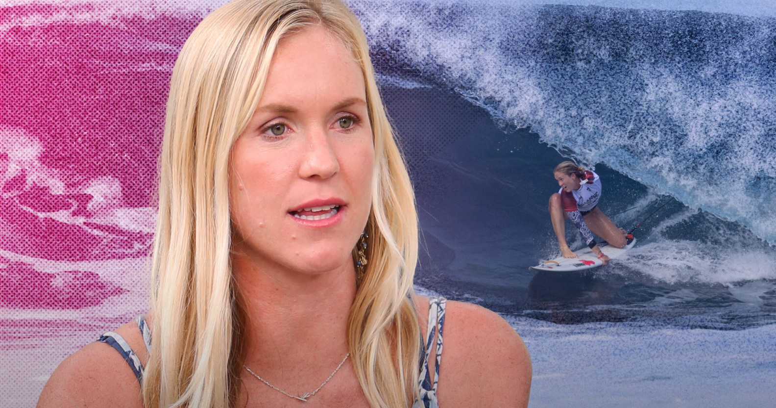 A graphic showing a cut-out image of pro surfer Bethany Hamilton set against another image of her surfing in the background with a pink tint showing across the left side of the picture