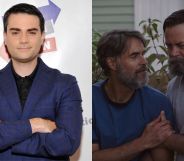 Side by side image of Ben Shapiro at 2017\s Politican wearing a blue suit with his arms crossed and smiling. On the right a screenshot of Bill and Frank from HBO show The Last of Us.