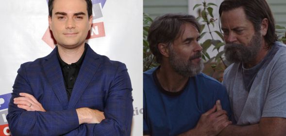 Side by side image of Ben Shapiro at 2017\s Politican wearing a blue suit with his arms crossed and smiling. On the right a screenshot of Bill and Frank from HBO show The Last of Us.