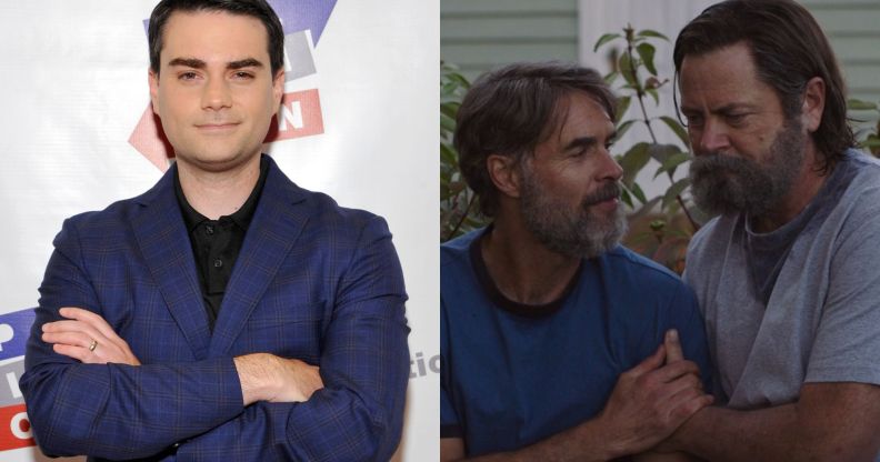 Side by side image of Ben Shapiro at 2017\s Politican wearing a blue suit with his arms crossed and smiling. On the right a screenshot of Bill and Frank from HBO show The Last of Us.
