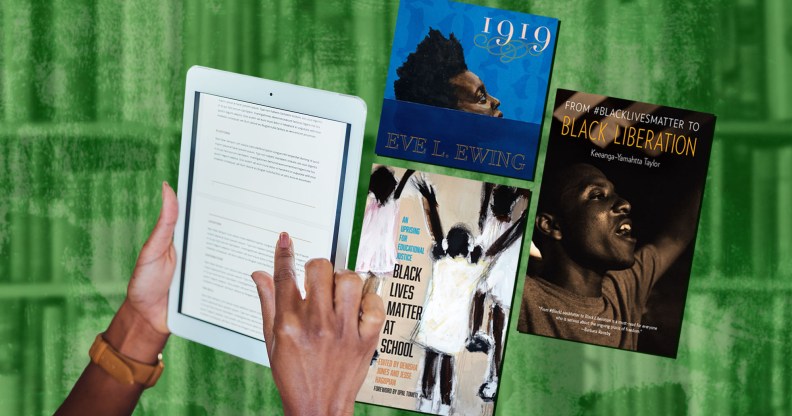 A graphic showing a cut-out image of a pair of hands holdinga Kindle and behind it are covers of Black history ebooks. The background is a green-tinted photo of books on bookshelves