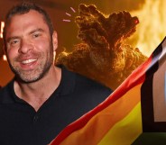 This image features stuntman Adam Basil with the progress pride flag, against a background still of The Last of Us' 'Bloater' monster.