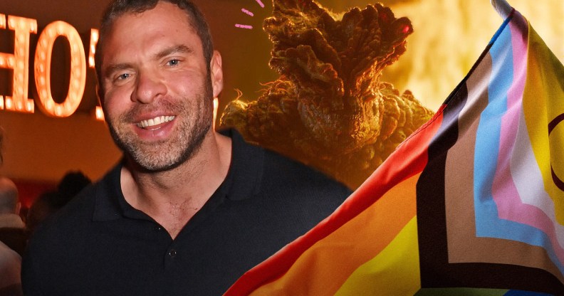 This image features stuntman Adam Basil with the progress pride flag, against a background still of The Last of Us' 'Bloater' monster.