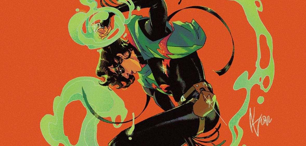 A promo image of new trans non-binary DC Comics superhero, Circuit Breaker. The image is set on an orange background with the character dressed in black wearing a black eyemask and is looking down as his arms are drawn in a way that suggests they're moving in a spiral fashion and there's a green mist that can be seen around him