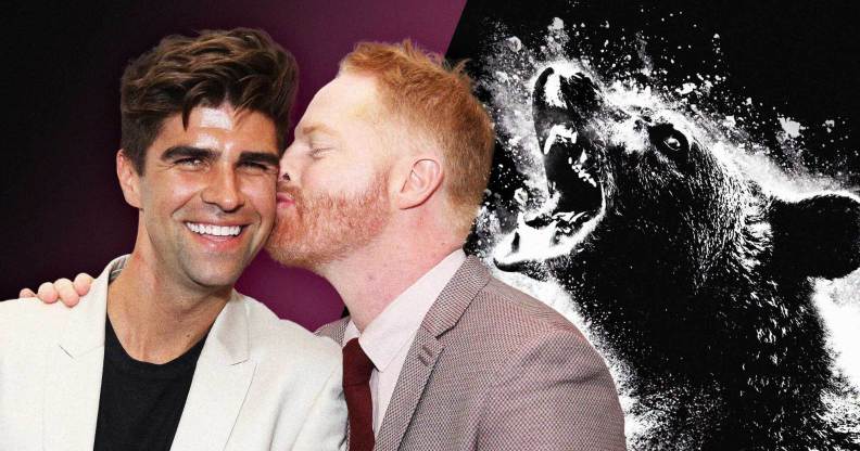 Justin Mikita (L) and Jesse Tyler Ferguson (R) by a cocaine bear.