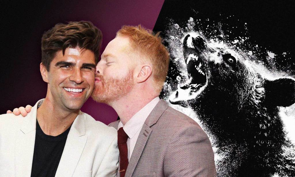 Justin Mikita (L) and Jesse Tyler Ferguson (R) by a cocaine bear.