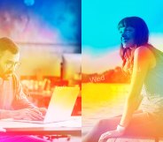 On the left side, a man is working at his computer and on the other side a woman is enjoying a sunny day at the beach.