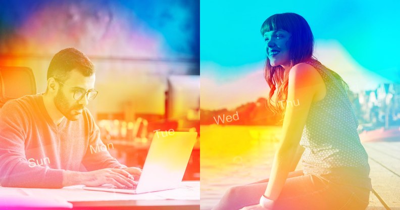 On the left side, a man is working at his computer and on the other side a woman is enjoying a sunny day at the beach.