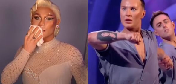 Side by side image of The Vivienne taking off her make-up in a video clip before her Dancing on Ice performance. A still from The Vivienne's Dancing on Ice performance with her partner Colin Grafton.