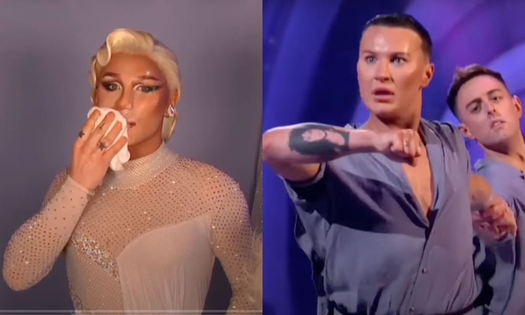 Side by side image of The Vivienne taking off her make-up in a video clip before her Dancing on Ice performance. A still from The Vivienne's Dancing on Ice performance with her partner Colin Grafton.
