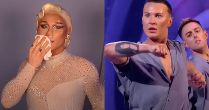 Side by side image of The Vivienne taking off her make-up in a video clip before her Dancing on Ice performance. A still from The Vivienne's Dancing on Ice performance with her partner Colin Grafton.