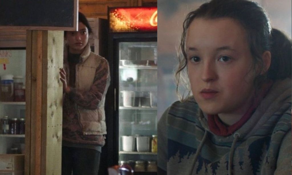 Paolina van Kleef as 'Staring Girl', possibly Dina, in The Last of Us episode 6 (left) and Ellie, played by Bella Ramsey