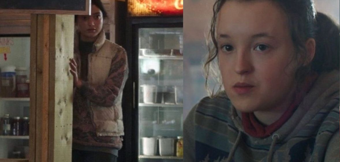 Paolina van Kleef as 'Staring Girl', possibly Dina, in The Last of Us episode 6 (left) and Ellie, played by Bella Ramsey