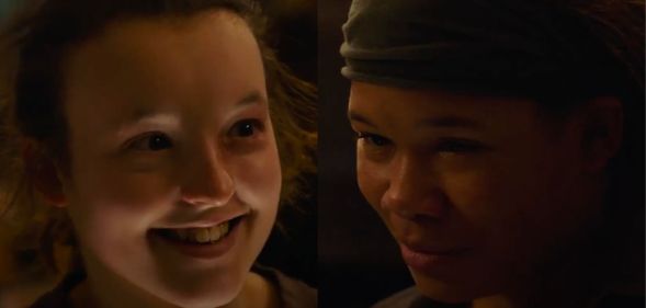 Screenshots from episode 7 of The Last of Us showing Ellie and Riley smiling moments after they have kissed.
