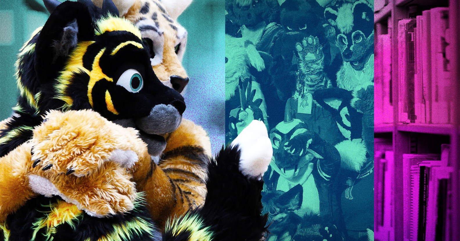 Two friends in full furry cosplay, in tiger costumes, hugging