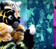 Two friends in full furry cosplay, in tiger costumes, hugging