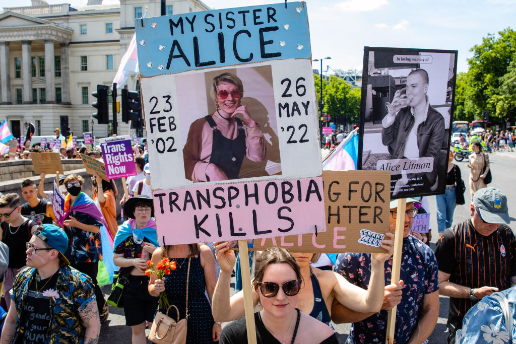 Alice Litman’s family take part in a London Trans+ Pride march on 9th July 2022 in London, UK