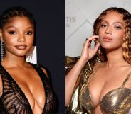 Side by side images of Halle Bailey and Beyonce on the red carpet.