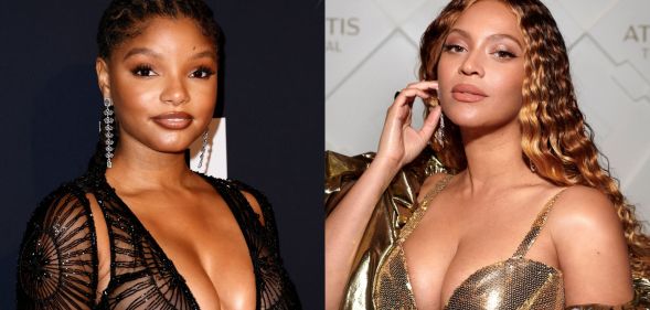 Side by side images of Halle Bailey and Beyonce on the red carpet.