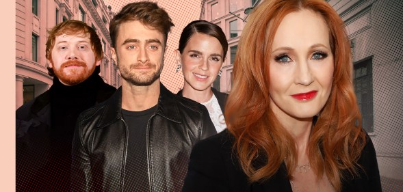 Harry Potter actors Rupert Grint, Daniel Radcliffe and Emma Watson superimposed next to author JK Rowling