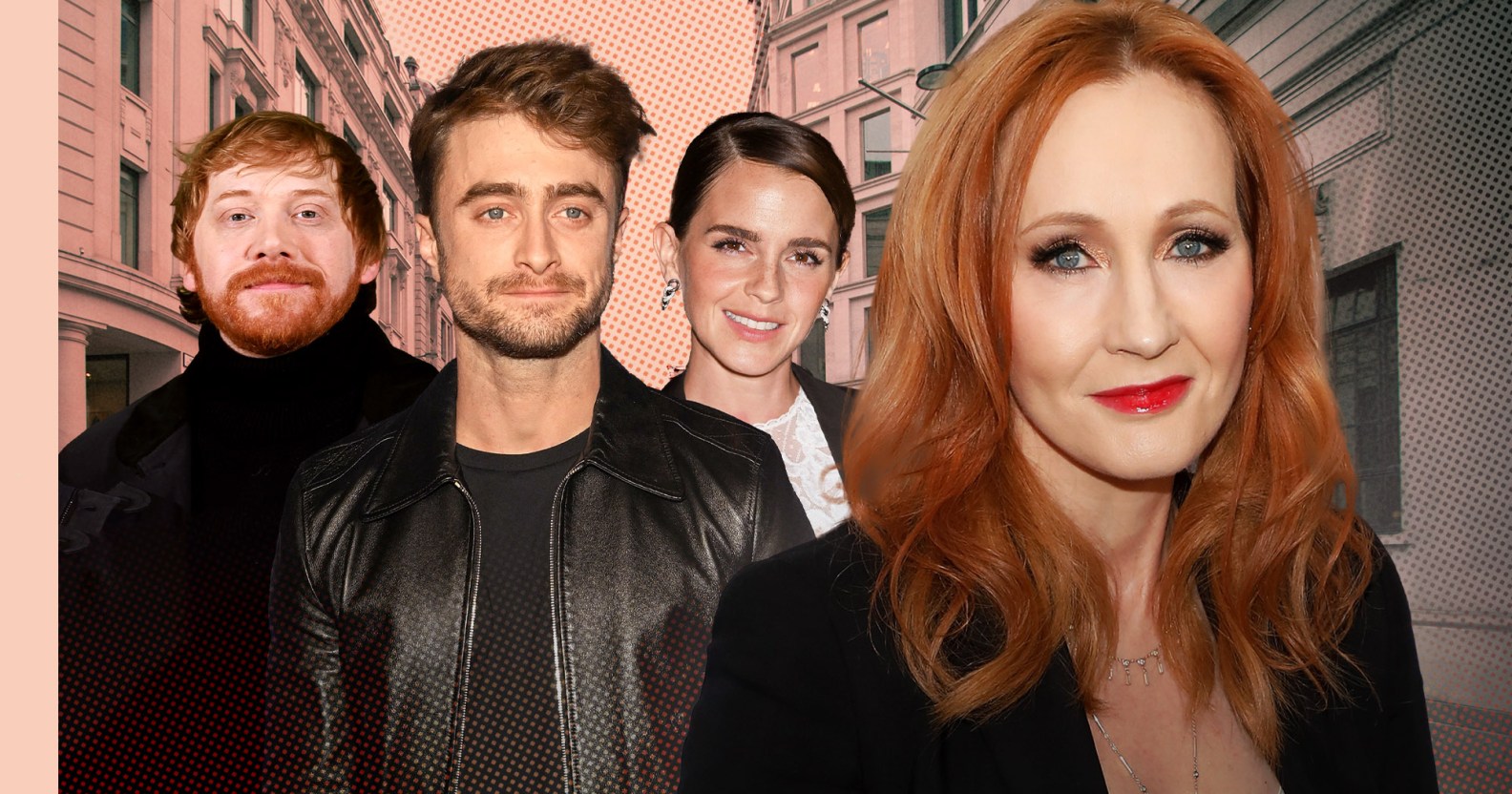 Harry Potter actors Rupert Grint, Daniel Radcliffe and Emma Watson superimposed next to author JK Rowling