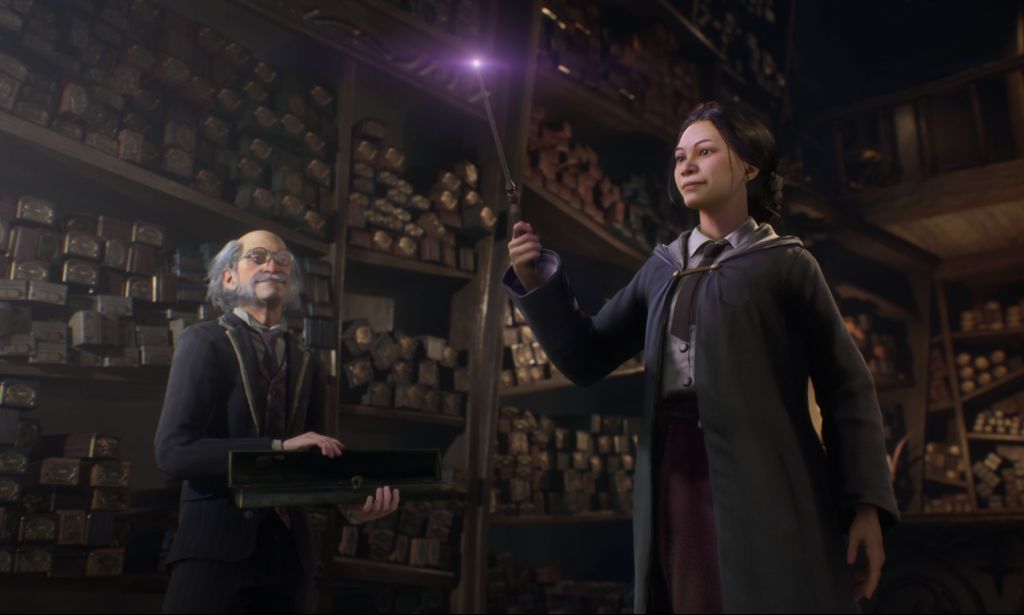 A screenshot of the game Hogwarts Legacy, where a player holds up their wand.