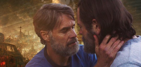 Image of Bill and Frank from The Last of Us with apocalyptic scenes in the background