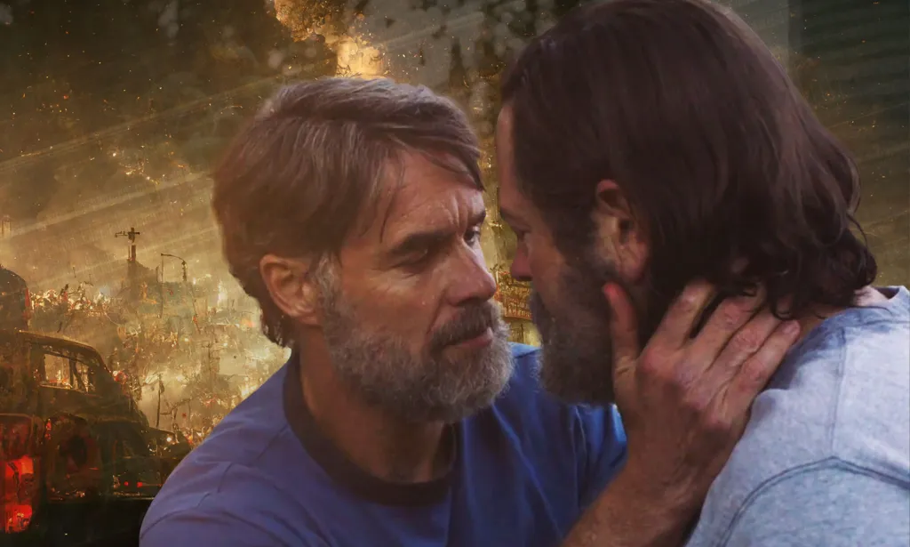 Image of Bill and Frank from The Last of Us with apocalyptic scenes in the background