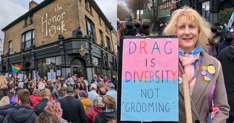 A counter-protest taking place outside The Honor Oak Pub in London after protesters targeted it over a drag storytime event