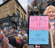 A counter-protest taking place outside The Honor Oak Pub in London after protesters targeted it over a drag storytime event