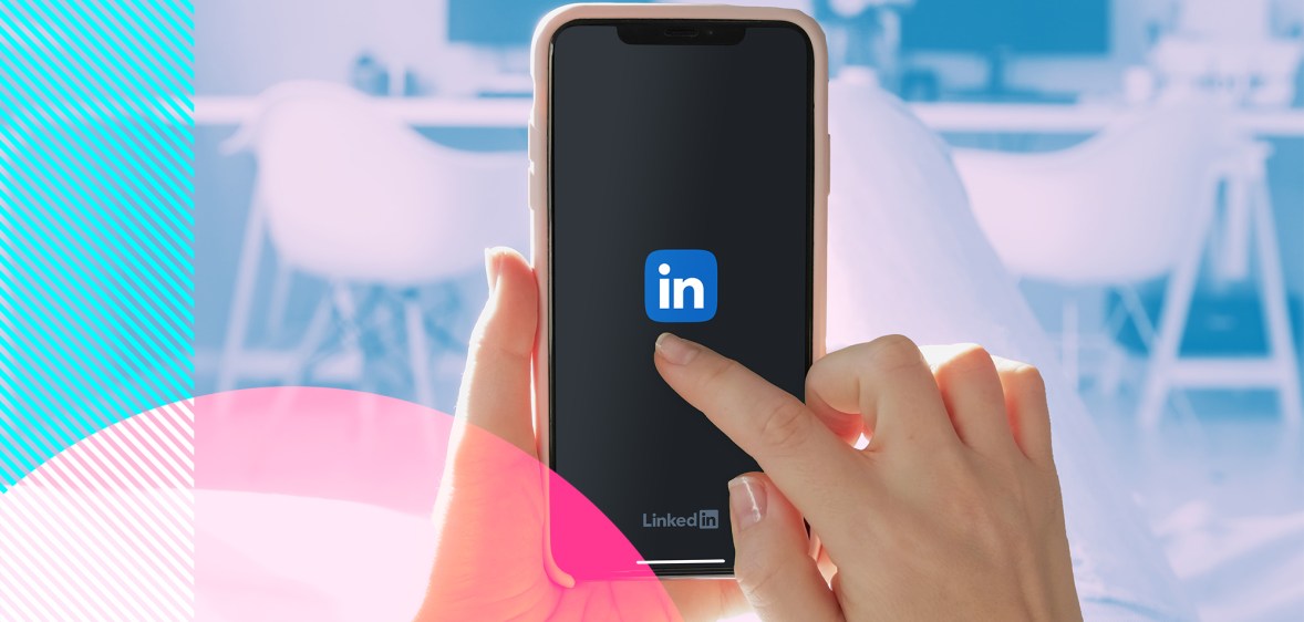 A phone is being held up with the LinkedIn icon in the center.