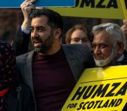 Humza Yousaf, hugging his parents, during a leadership rally.