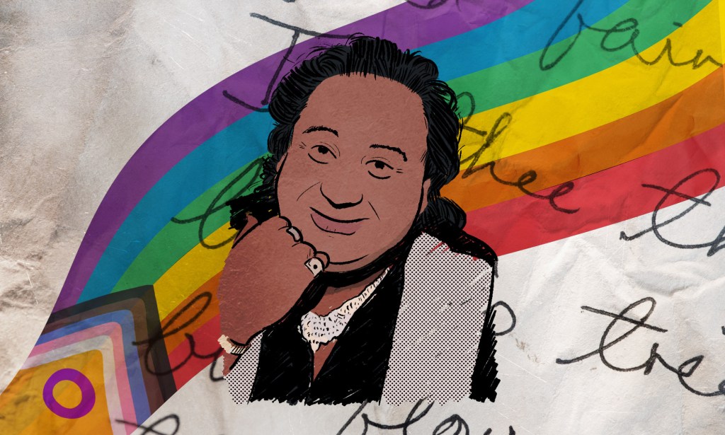 An illustration depicting Ifti Nasim, a gay Pakistani-American poet, with the progressive Pride flag and writing in the background
