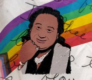 An illustration depicting Ifti Nasim, a gay Pakistani-American poet, with the progressive Pride flag and writing in the background